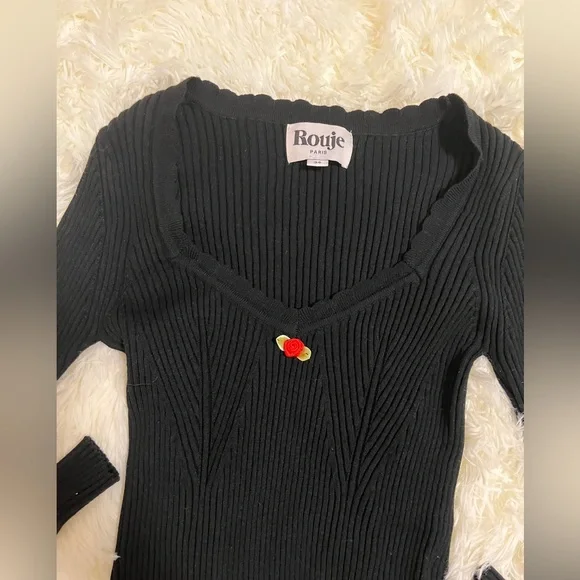 Rouje Black Ribbed Long Sleeve Top with Red Rose Accent - Picture 3 of 8